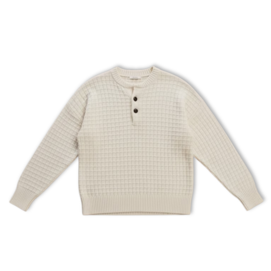 Textured knit sweater for women with buttoned Tunisian collar, straight cut, sleek silhouette