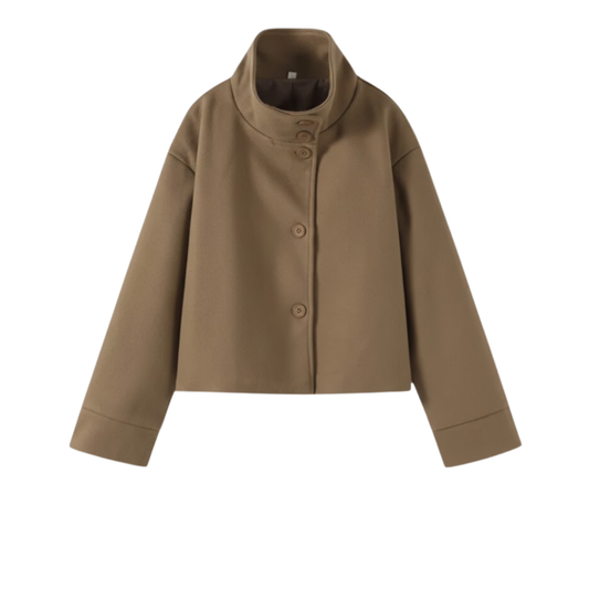 Women's winter coat in wool with a stand-up collar, single-breasted, loose fit and long sleeves