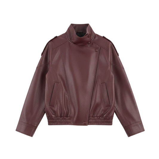 Women's Black Long Sleeve Grained Faux Leather Motorcycle Style Jacket