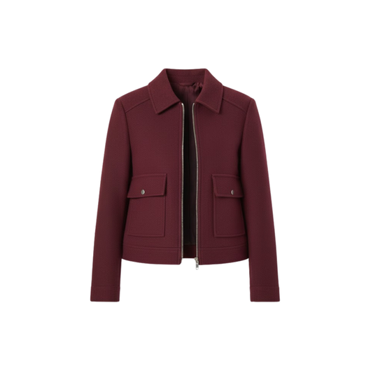 Women's short double-breasted jacket with tailored collar, stylish structured casual design