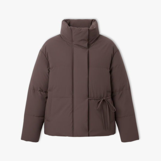 Women's Casual Winter Coat with Laces and Belt, Stand-up Collar, Zipper Closure, and Long Kimono-style Sleeves