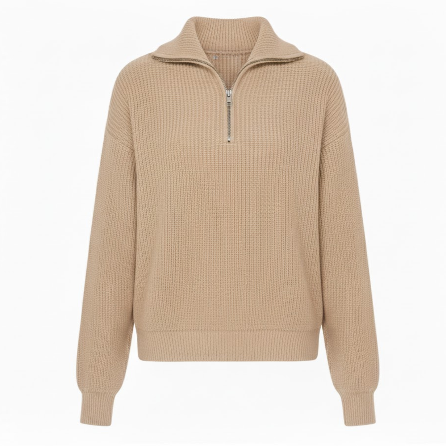 Elegant women's sweater with high collar and half zipper, soft knit, casual