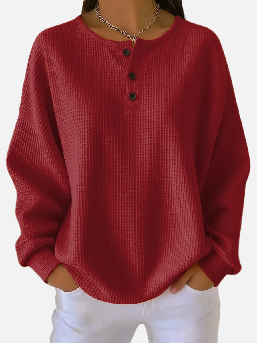 Nuria - Cosy Waffle Knit Henley Sweater