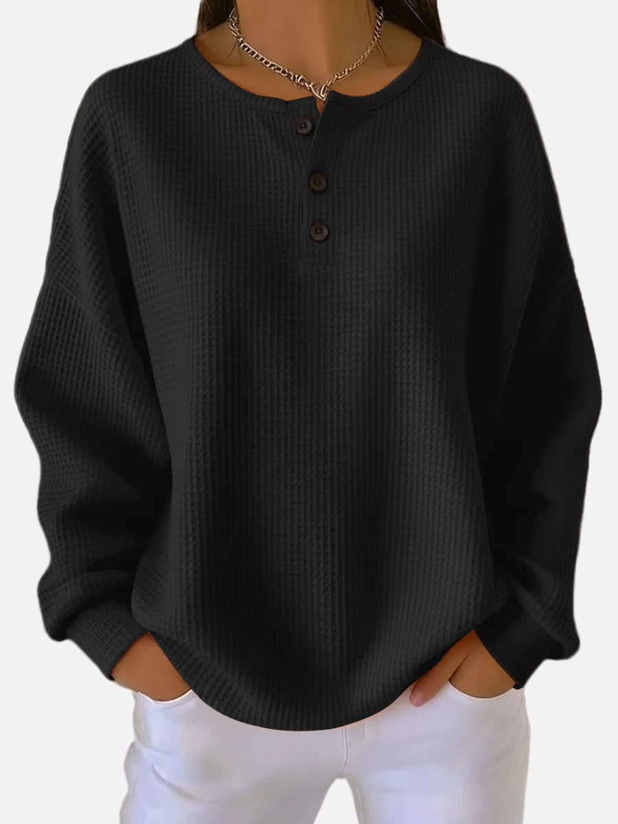 Nuria - Cosy Waffle Knit Henley Sweater