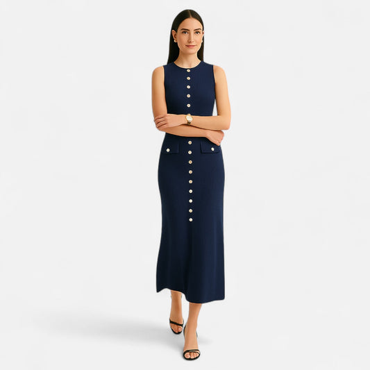 Ancient World | Long Knit Dress with Buttons for Women – Sleeveless Summer Elegance