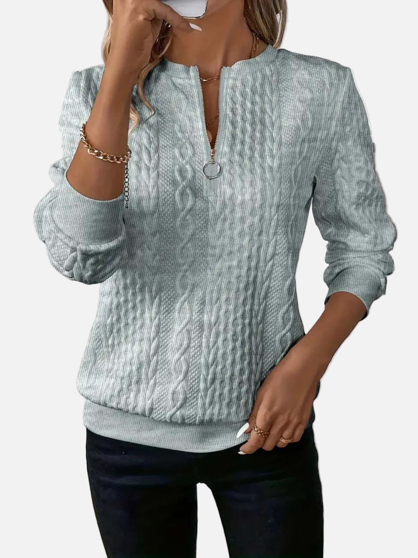 Amalie - Cable Knit Zip Sweater for Women