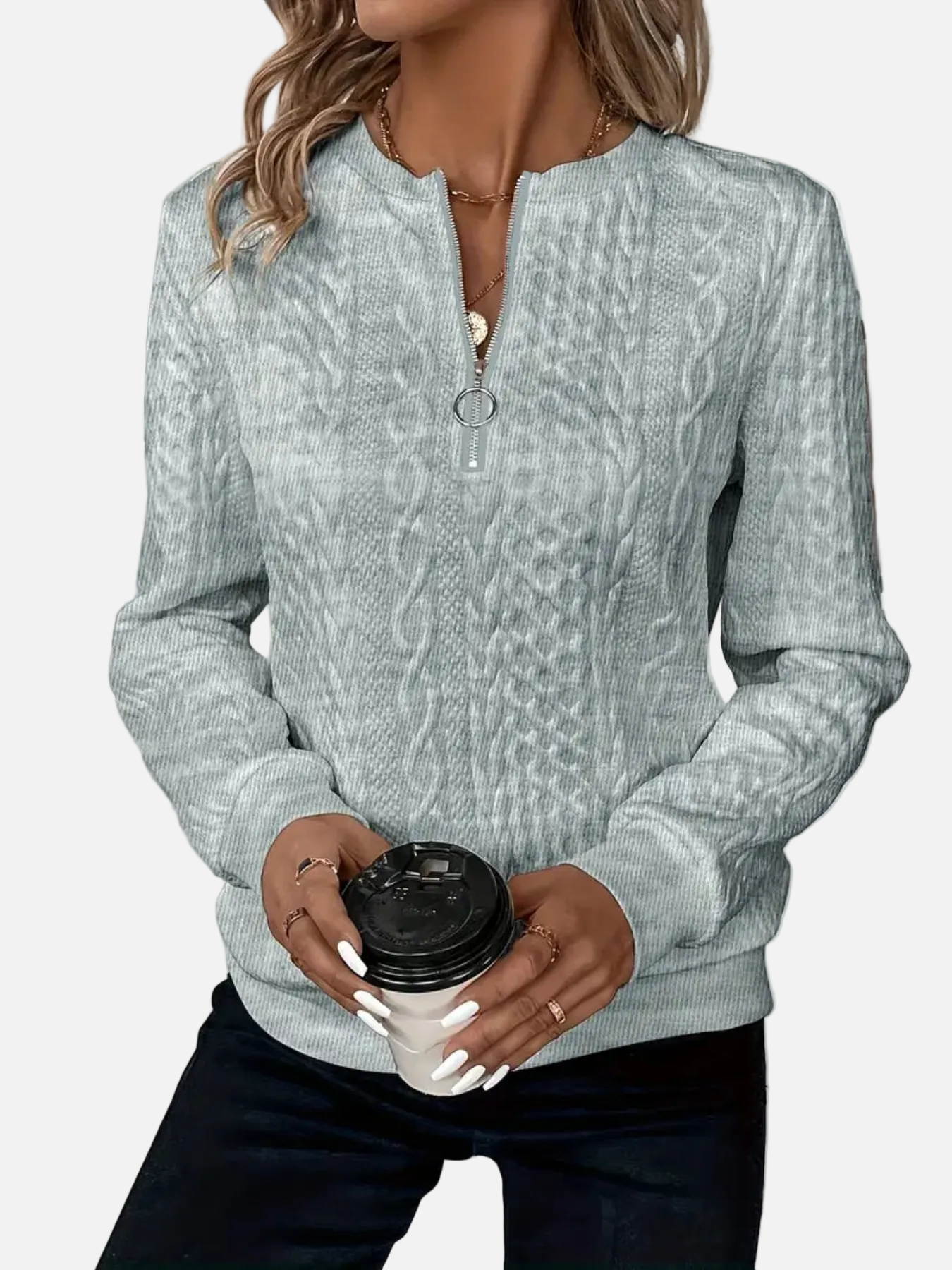 Amalie - Cable Knit Zip Sweater for Women