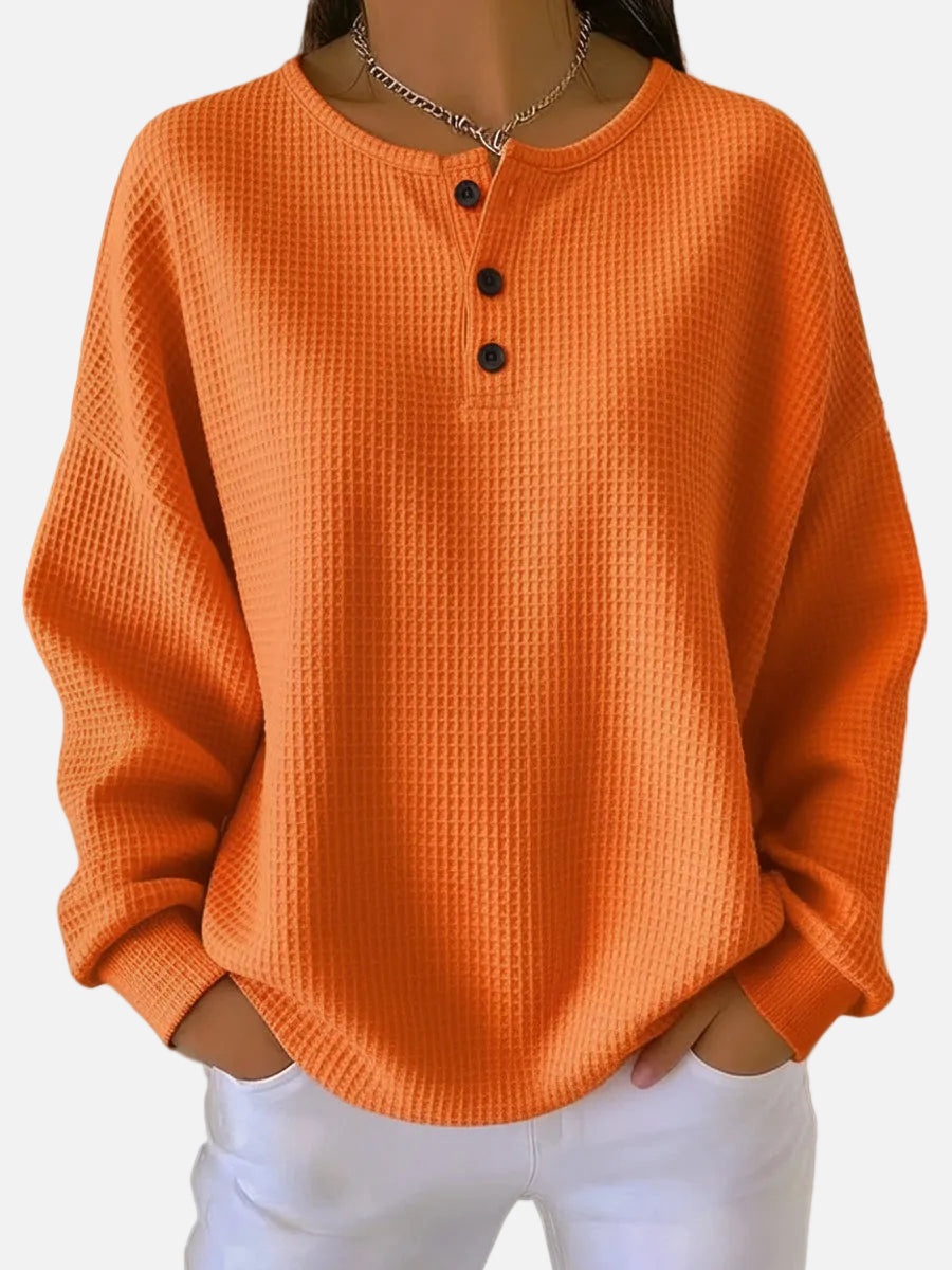 Nuria - Cosy Waffle Knit Henley Sweater